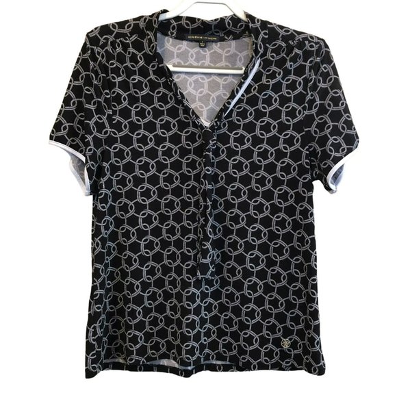 Adrienne Vitttadini Sz L Women's Black & White Chainlink Pattern SS top w/Tie - Picture 1 of 7